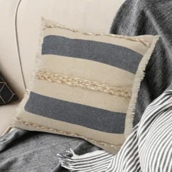 Pillows-Kirkland's Home Denim Blue Braided Stripe Throw Pillow, 20 In. Blue/Tan/Ivory