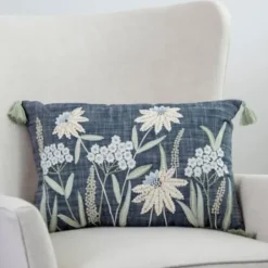 Pillows-Kirkland's Home Denim Floral Embroidered Lumbar Throw Pillow White/Blue/Green