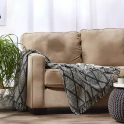 Blankets & Throws-Kirkland's Home Diamond Fringe Throw Black