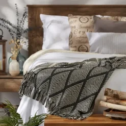 Blankets & Throws-Kirkland's Home Diamond Fringe Throw Black