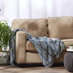 Blankets & Throws-Kirkland's Home Diamond Fringe Throw Blue