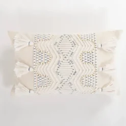 Pillows-Kirkland's Home Diamond Tassels Lumbar Pillow Ivory