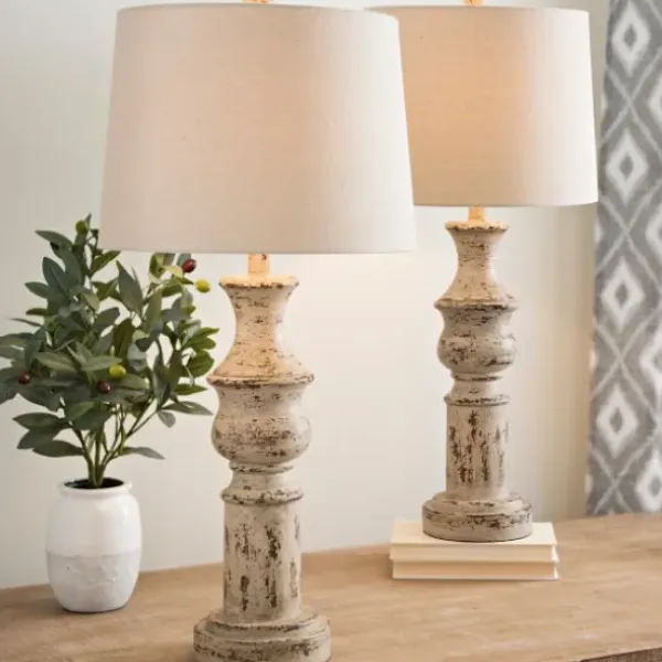 Table Lamps-Kirkland's Home Distressed Cream Table Lamps, Set Of 2 Tan