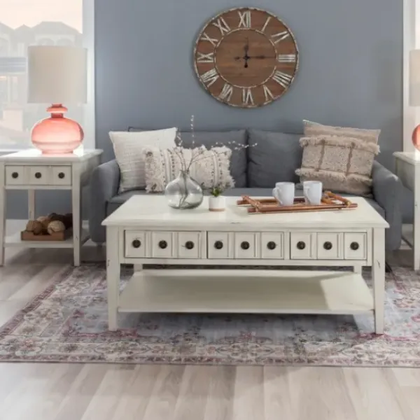 Coffee Tables-Kirkland's Home Distressed Cream Wood 3-Drawer Coffee Table Ivory