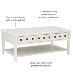 Coffee Tables-Kirkland's Home Distressed Cream Wood 3-Drawer Coffee Table Ivory