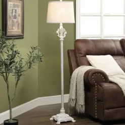 Floor Lamps-Kirkland's Home Distressed Fleur-De-Lis Floor Lamp Tan