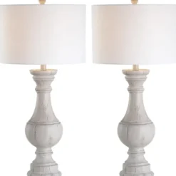 Table Lamps-Kirkland's Home Distressed Ivory Faux Wood Table Lamps, Set Of 2 White