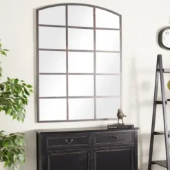Decorative Mirrors-Kirkland's Home Distressed Metal Windowpane Arched Mirror Black