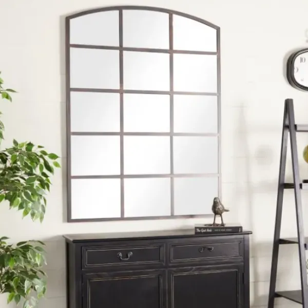 Decorative Mirrors-Kirkland's Home Distressed Metal Windowpane Arched Mirror Black
