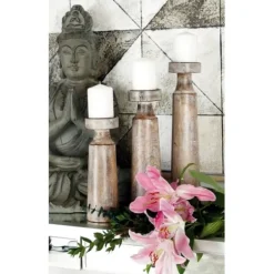 Candle Holders-Kirkland's Home Distressed Mocha Mango Wood Candlesticks, Set Of 3 Brown