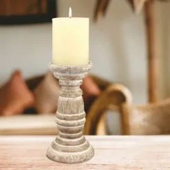 Candle Holders-Kirkland's Home Distressed Turned Wood Candle Holder, 8 In. White