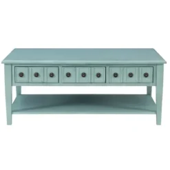 Coffee Tables-Kirkland's Home Distressed Turquoise Wood 3-Drawer Coffee Table Blue