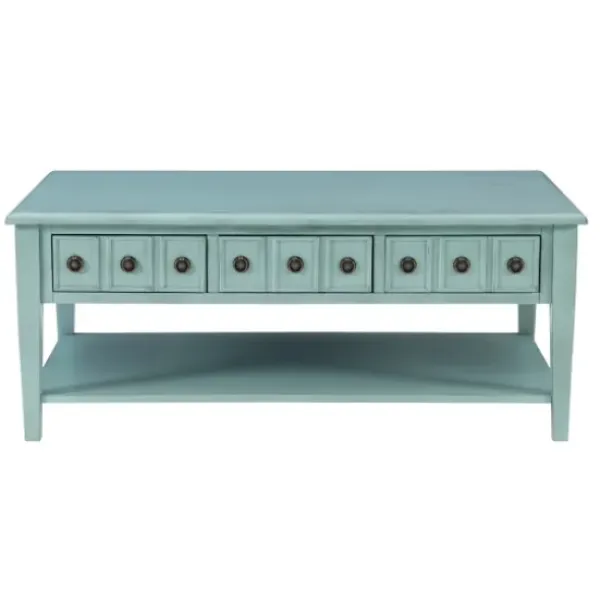 Coffee Tables-Kirkland's Home Distressed Turquoise Wood 3-Drawer Coffee Table Blue
