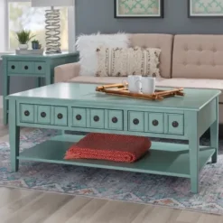 Coffee Tables-Kirkland's Home Distressed Turquoise Wood 3-Drawer Coffee Table Blue