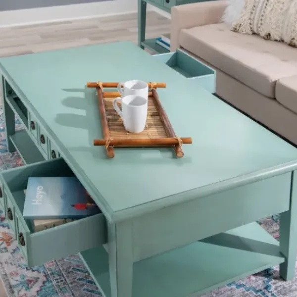 Coffee Tables-Kirkland's Home Distressed Turquoise Wood 3-Drawer Coffee Table Blue