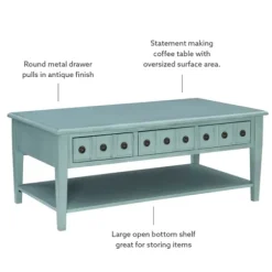 Coffee Tables-Kirkland's Home Distressed Turquoise Wood 3-Drawer Coffee Table Blue
