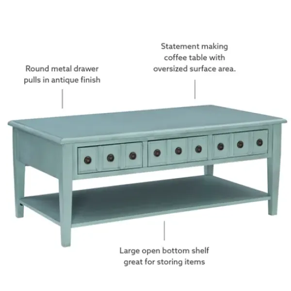 Coffee Tables-Kirkland's Home Distressed Turquoise Wood 3-Drawer Coffee Table Blue