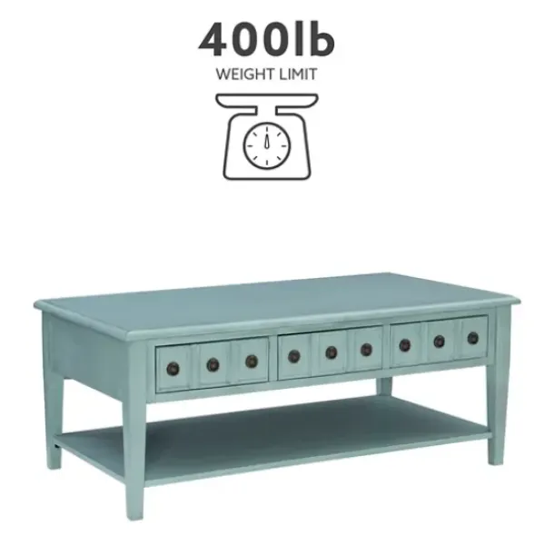 Coffee Tables-Kirkland's Home Distressed Turquoise Wood 3-Drawer Coffee Table Blue