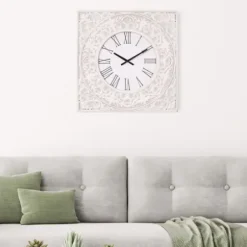 Clocks-Kirkland's Home Distressed White Ornate Wood Carved Wall Clock