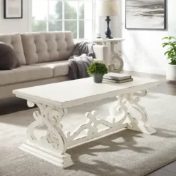 Coffee Tables-Kirkland's Home Distressed White Scrollwork Base Coffee Table White/Tan