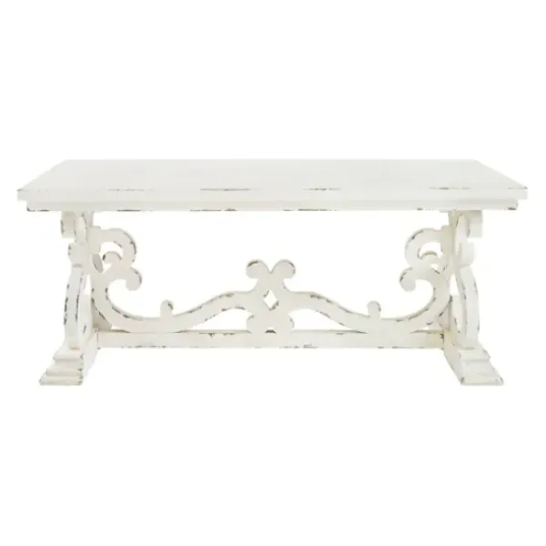 Coffee Tables-Kirkland's Home Distressed White Scrollwork Base Coffee Table White/Tan
