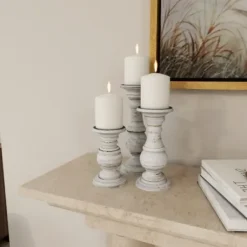 Candle Holders-Kirkland's Home Distressed Wood 3-Pc. Candle Holder Set White