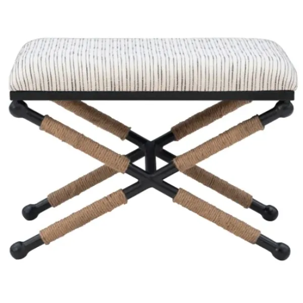 Benches & Ottomans-Kirkland's Home Eclectic Black And White Striped X Frame Stool Black/White/Tan