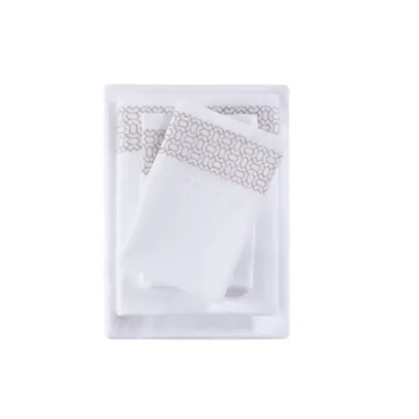 Bed Sheets-Kirkland's Home Elegant Geo Hem Microfiber 4-Pc. Queen Sheet Set White/Tan