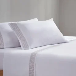 Bed Sheets-Kirkland's Home Elegant Geo Hem Microfiber 4-Pc. Queen Sheet Set White/Tan