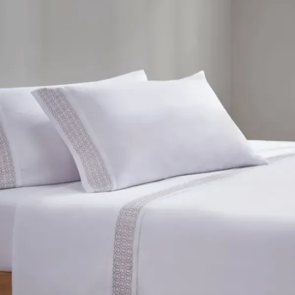 Bed Sheets-Kirkland's Home Elegant Geo Hem Microfiber 4-Pc. Queen Sheet Set White/Tan