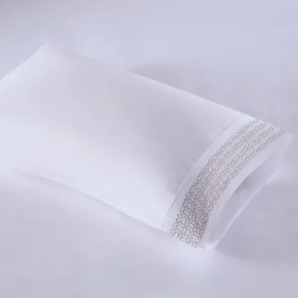 Bed Sheets-Kirkland's Home Elegant Geo Hem Microfiber 4-Pc. Queen Sheet Set White/Tan