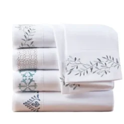 Bed Sheets-Kirkland's Home Elegant Geo Hem Microfiber 4-Pc. Queen Sheet Set White/Tan