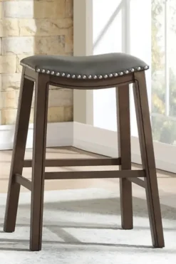 Bar Stools & Counter Height Stools-Kirkland's Home Ella Saddle Bar Stool With Nailhead Trim Gray