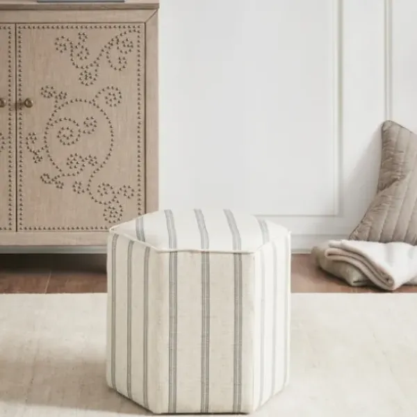 Benches & Ottomans-Kirkland's Home Ellen Stripe Martha Stewart Hexagon Ottoman Ivory
