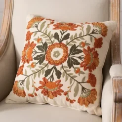 Pillows-Kirkland's Home Embroidered Floral Kaysari Pillow Orange/Tan