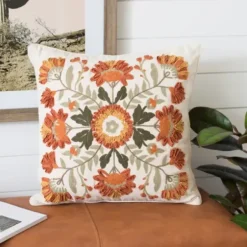 Pillows-Kirkland's Home Embroidered Floral Kaysari Pillow Orange/Tan