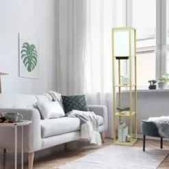 Floor Lamps-Kirkland's Home Etagere Shelf Charging Floor Lamp Tan