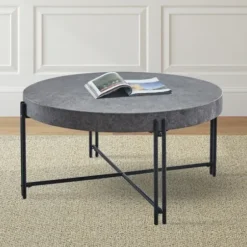 Coffee Tables-Kirkland's Home Faux Concrete And Metal Base Coffee Table Gray