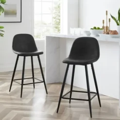 Bar Stools & Counter Height Stools-Kirkland's Home Faux Leather Slope Bar Stools, Set Of 2 Black