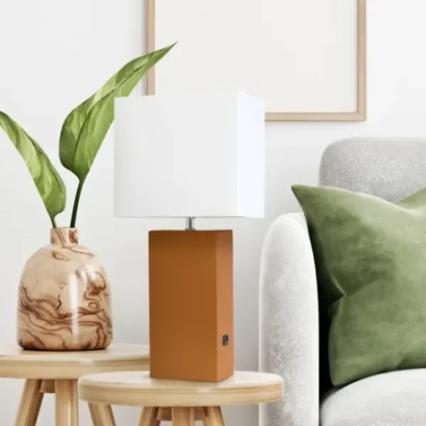 Table Lamps-Kirkland's Home Faux Leather Usb Table Lamp Tan