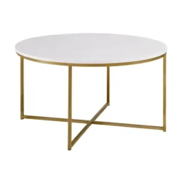 Coffee Tables-Kirkland's Home Faux Marble & Gold X-Base Coffee Table White