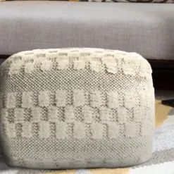 Pillows-Kirkland's Home Flatweave Tufted Checker Wool Pouf Ivory/Gray