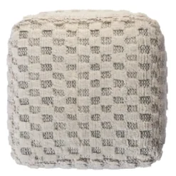 Pillows-Kirkland's Home Flatweave Tufted Checker Wool Pouf Ivory/Gray