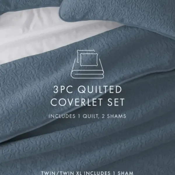 Quilts-Kirkland's Home Floral Stitch 3-Pc. King Quilt Set Blue