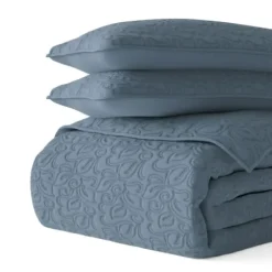 Quilts-Kirkland's Home Floral Stitch 3-Pc. Queen Quilt Set Blue