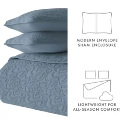 Quilts-Kirkland's Home Floral Stitch 3-Pc. Queen Quilt Set Blue