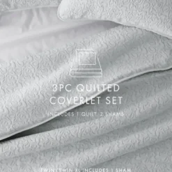 Quilts-Kirkland's Home Floral Stitch 3-Pc. Queen Quilt Set Gray