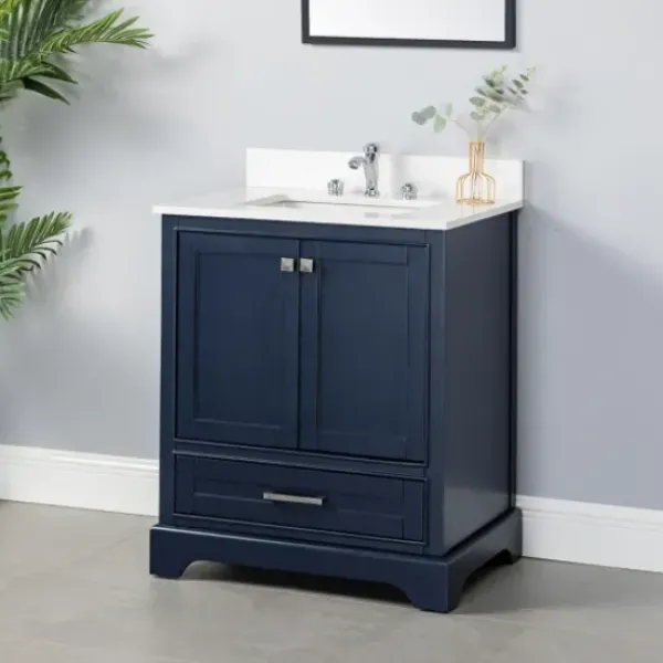 Bathroom Furniture-Kirkland's Home Florence Navy Wood Backsplash Sink Vanity Blue