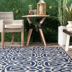Outdoor Rugs-Kirkland's Home Forest Geo Lattice Outdoor Area Rug, 4X7 Green