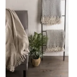 Blankets & Throws-Kirkland's Home French Chevron And Fringe Throw Blue